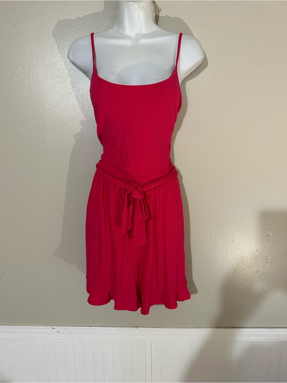 Women’s Red Spaghetti-Strap Romper with Waist Tie